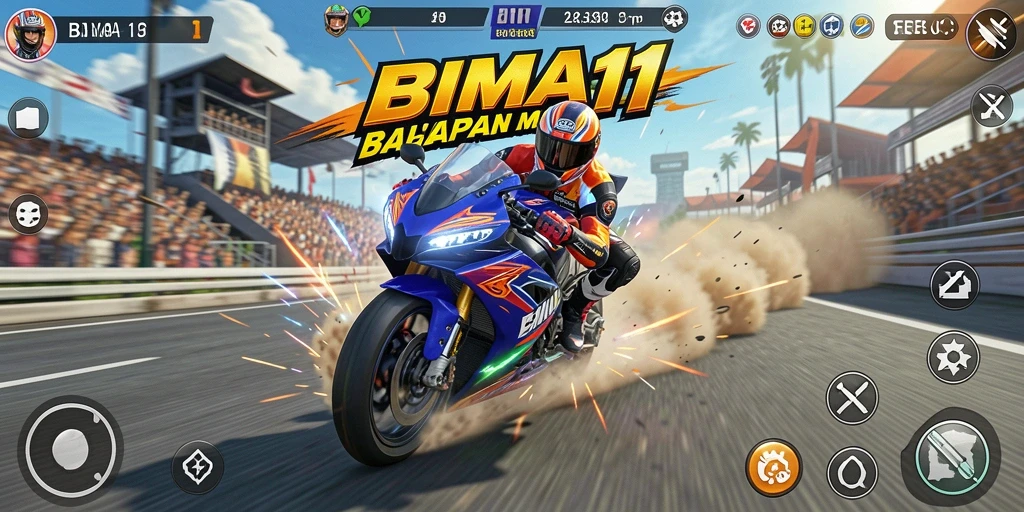 Screenshot gameplay BIMA11 dengan aksi balapan motor yang intens.