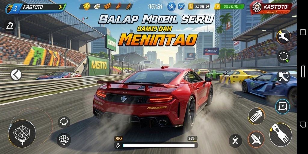 Tampilan gameplay KASTOTO dengan balapan mobil penuh aksi dan tantangan.