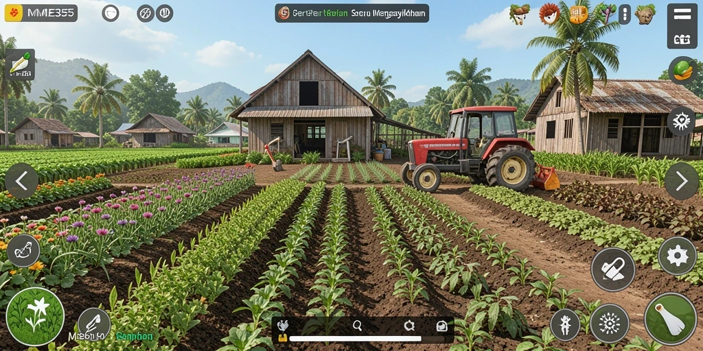 Screenshot gameplay ME355 menunjukkan ladang hijau subur dan aktivitas bertani.