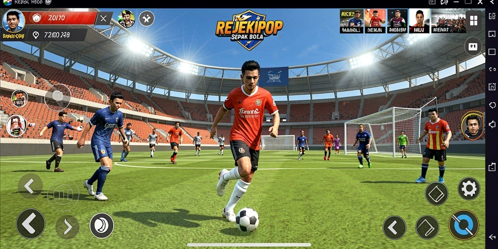Tampilan gameplay REJEKIPOP dengan aksi sepak bola yang seru.